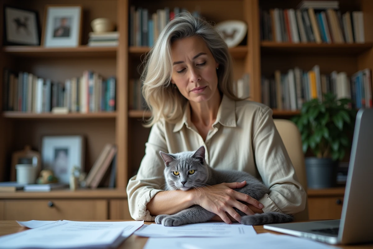 Éleveuse de chats Korat tenant son chat tout en consultant des documents de pedigree dans son bureau