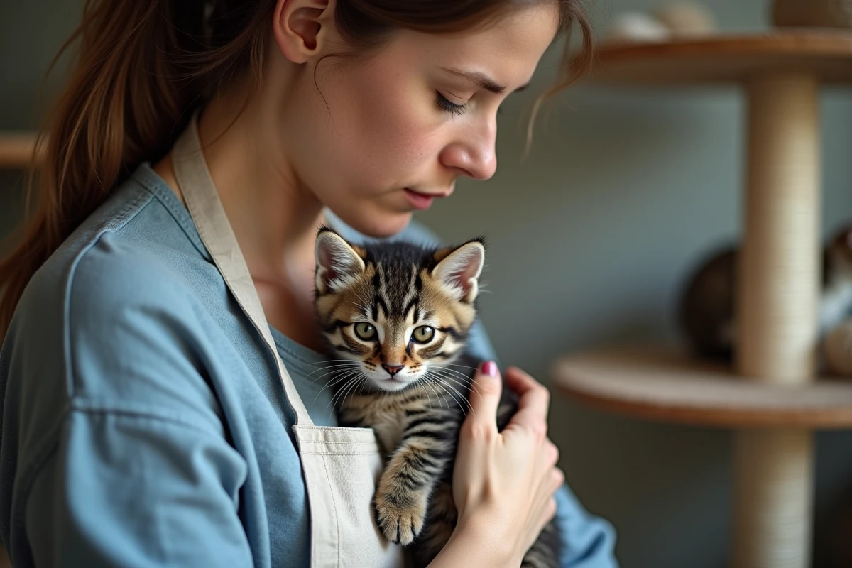 Éleveuse française tenant un chaton Highlander dans les bras dans son élevage spécialisé