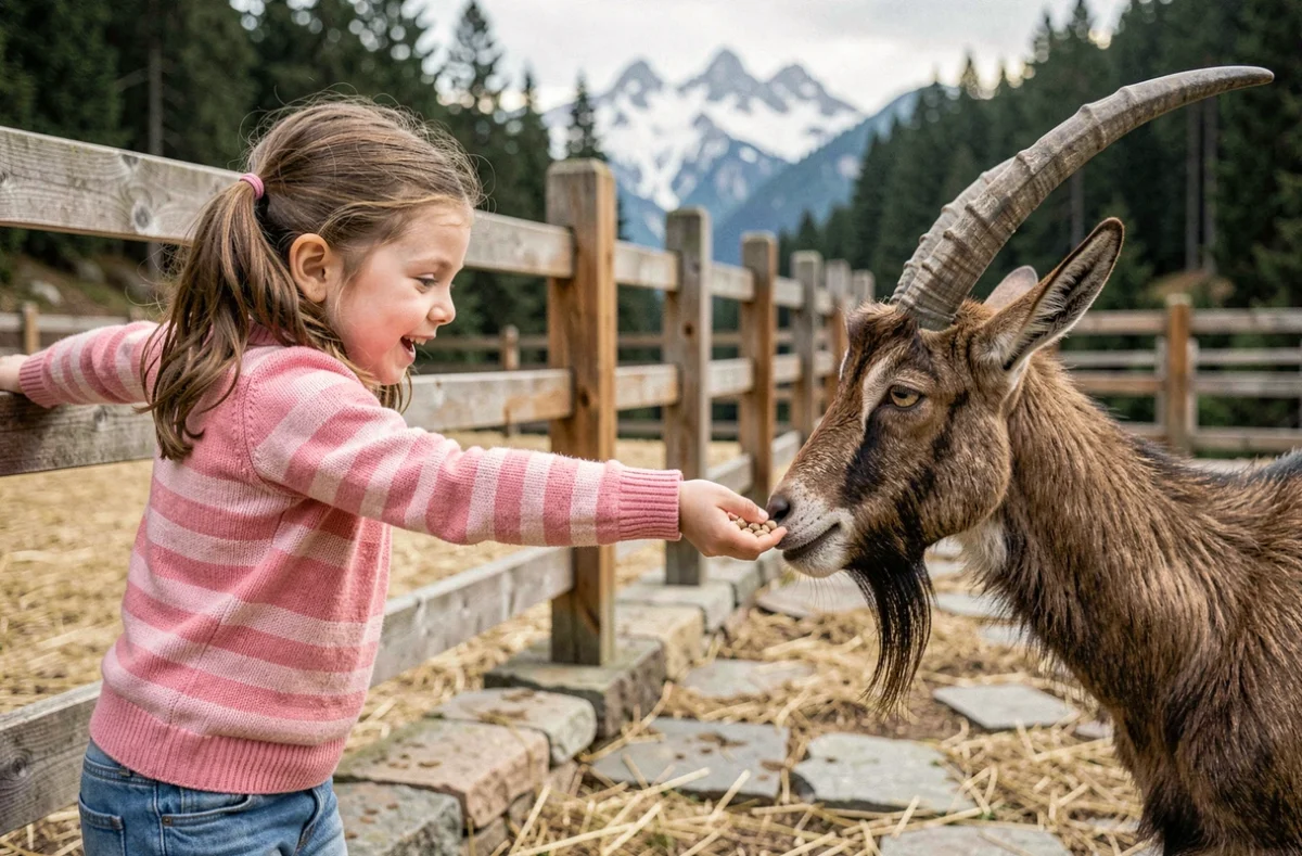Petite fille donnant à manger à une chèvre alpine dans un parc animalier de Savoie lors d'un anniversaire