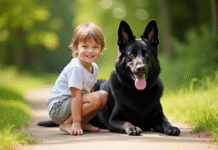 Jeune enfant avec chien berger allemand en extérieur