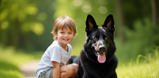 Jeune enfant avec chien berger allemand en extérieur