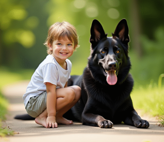Jeune enfant avec chien berger allemand en extérieur