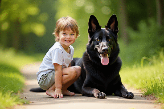 Jeune enfant avec chien berger allemand en extérieur