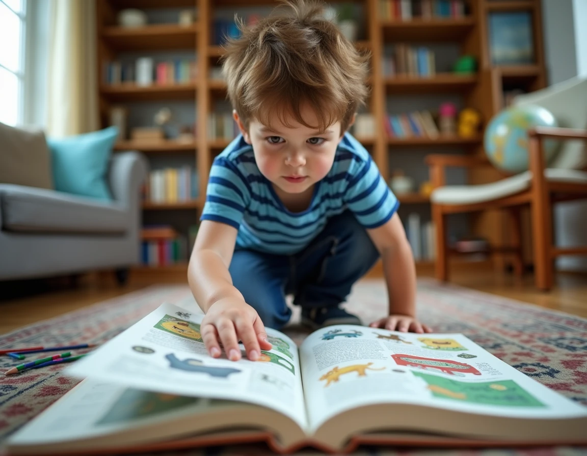 Enfant découvrant un animal en X dans une encyclopédie illustrée sur le sol
