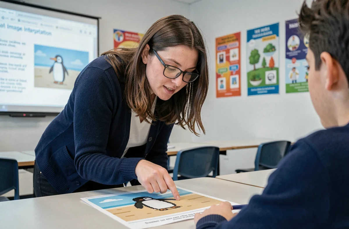 Enseignante expliquant un exercice avec une image de manchot sur une plage à un élève dans une salle de classe moderne