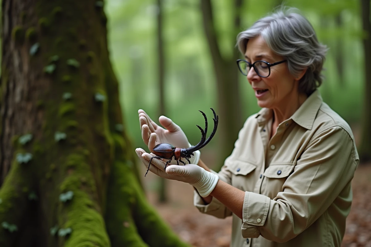 Entomologiste examinant un lucane cerf-volant en forêt de chênes lors d'une session d'identification d'insectes