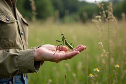 Femme entomologiste observant une mante religieuse dans un champ