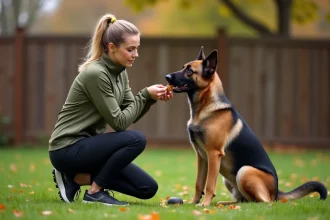 Femme entraînant un croisé Malinois Berger allemand avec des friandises dans un jardin en automne