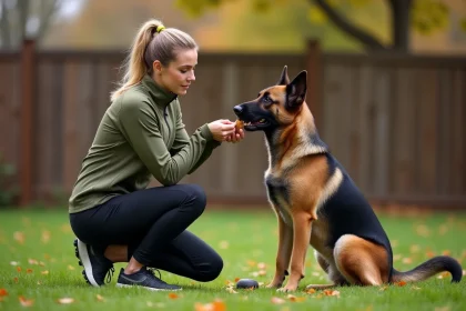 Femme entraînant un croisé Malinois Berger allemand avec des friandises dans un jardin en automne