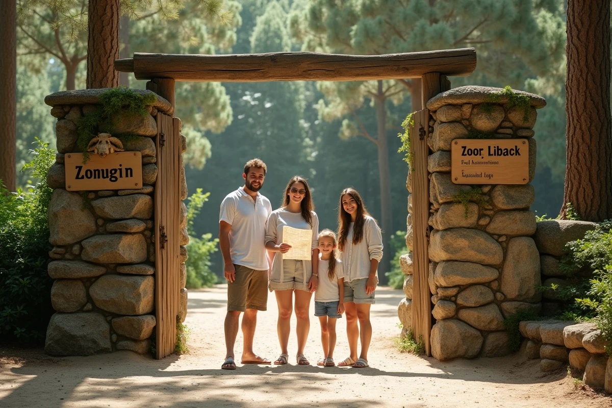 Famille à l'entrée du Zoo de La Palmyre en été, avec végétation de pins et chemin sableux