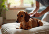 Epagneul dachshund brossé sur coussin en salon lumineux