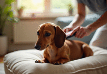 Epagneul dachshund brossé sur coussin en salon lumineux