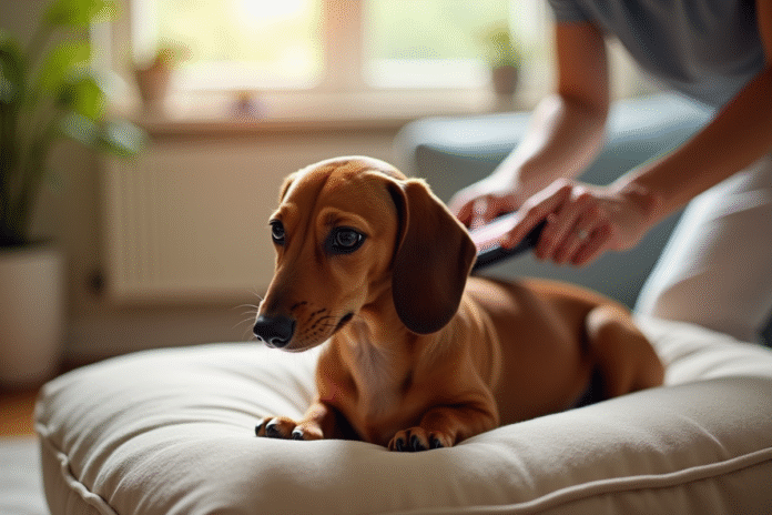 Epagneul dachshund brossé sur coussin en salon lumineux
