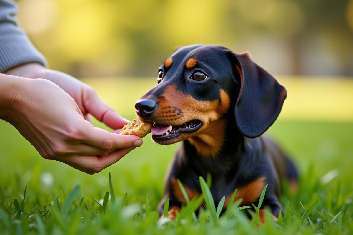 Epagneul dachshund recevant une friandise dans l