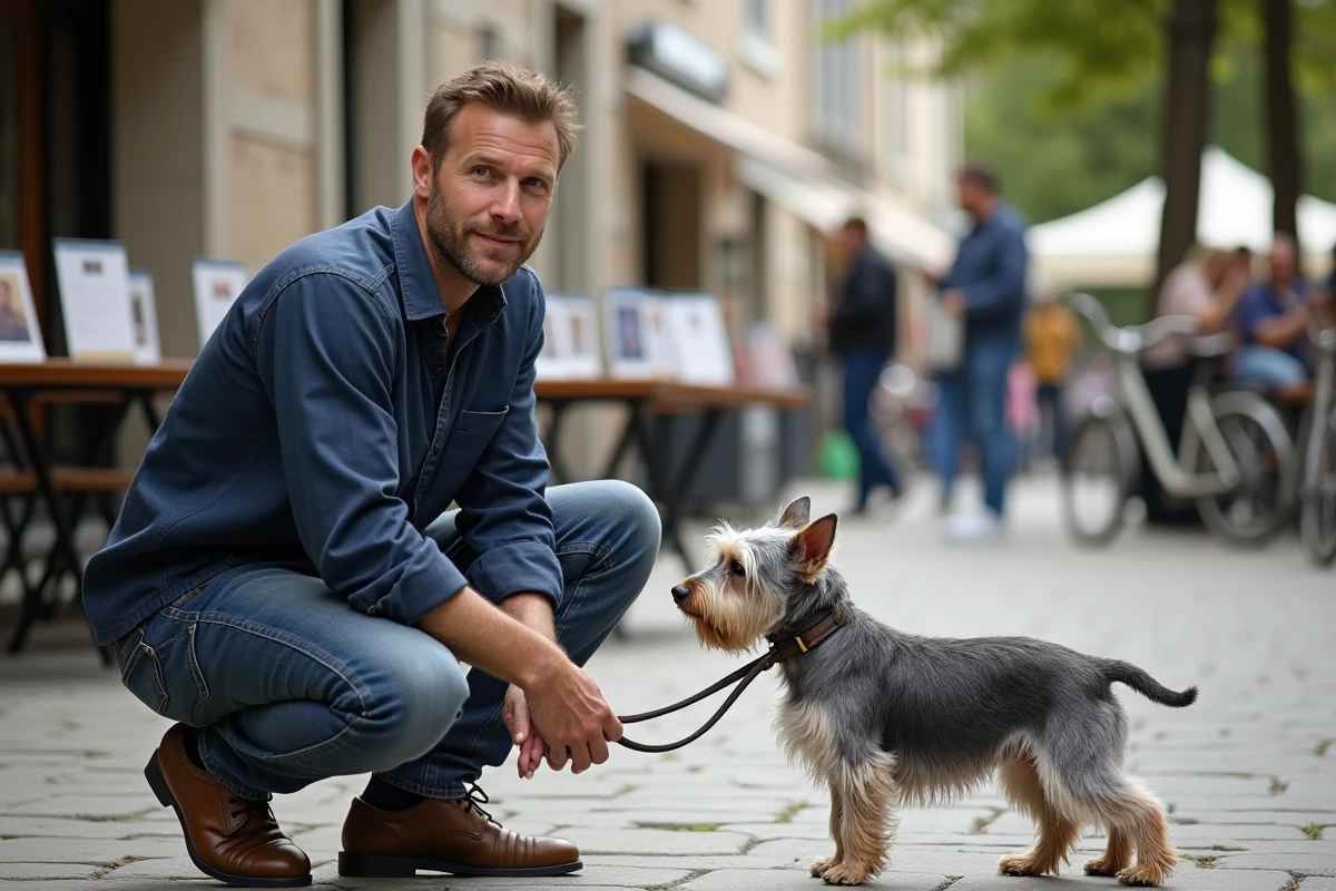Homme adoptant un petit chien terrier lors d'un événement d'adoption gratuite en Gironde
