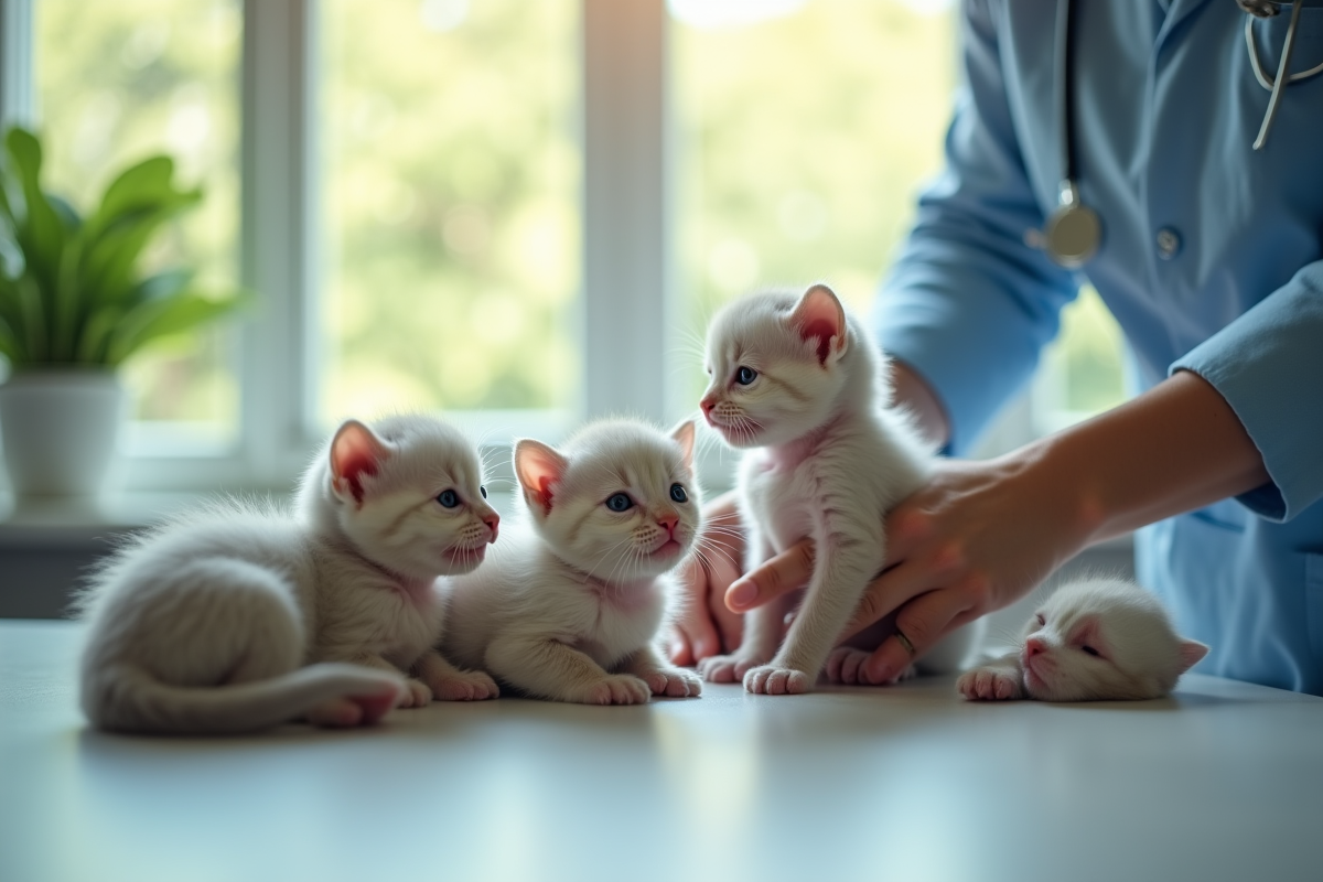 Vétérinaire examinant des chatons nouveau-nés sur une table