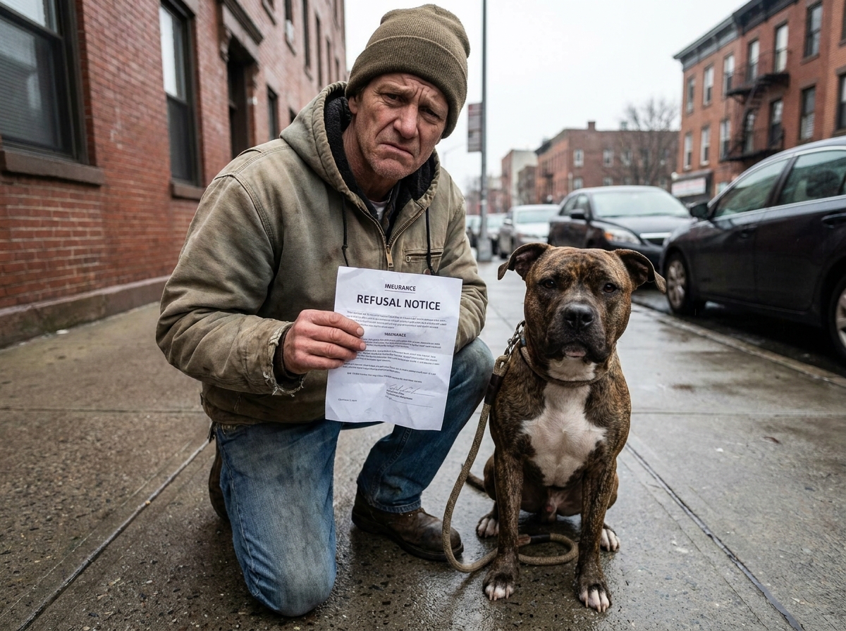 Un homme agenouillé près de son American Staffordshire terrier tient un courrier de refus d'assurance, illustrant les exclusions liées à la race du chien.