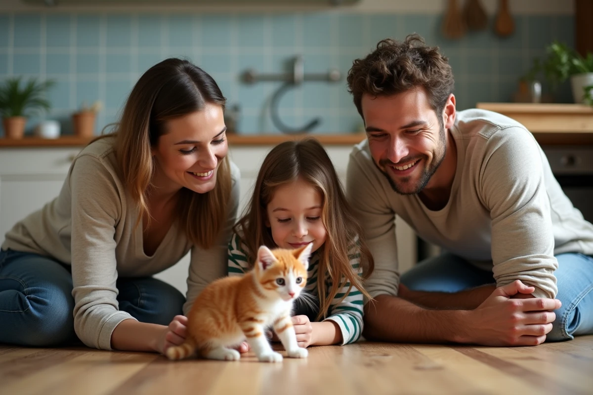 Famille réunie autour d'un chaton roux dans une cuisine provençale lors d'une adoption locale près de Toulon
