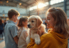 Famille tenant un chiot retriever doré lors d'un salon canin intérieur
