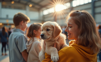 Ce qu’il faut savoir avant d’adopter un chiot au salon du chiot Famille tenant un chiot retriever doré lors d'un salon canin intérieur
