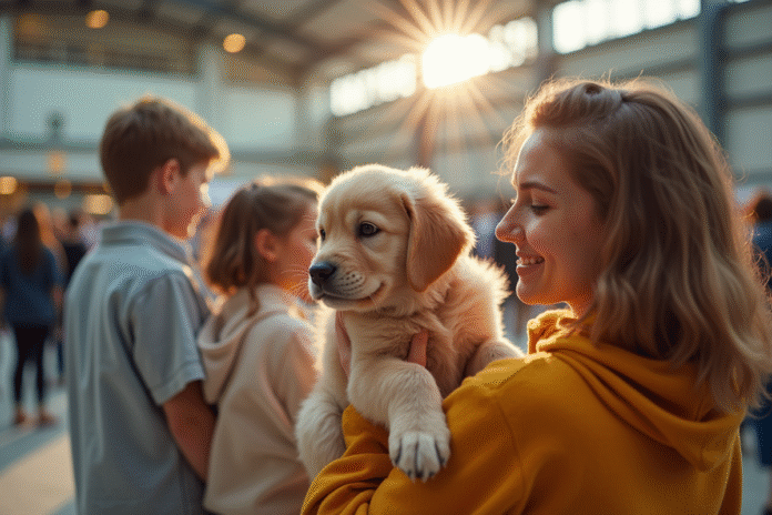 Famille tenant un chiot retriever doré lors d'un salon canin intérieur