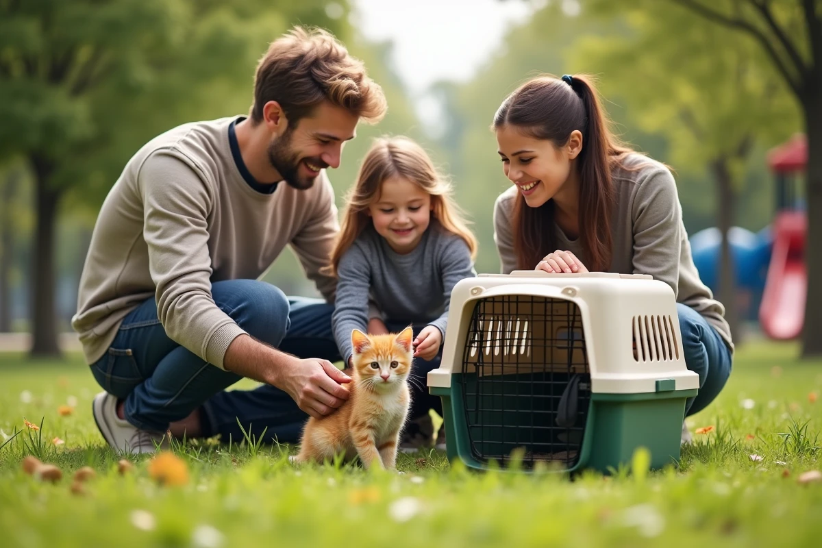 Une famille avec un chaton dans un parc ensoleille avec un carrier ouvert