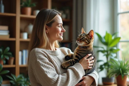 Femelle éleveuse de chats avec un Mau argenté dans un salon lumineux