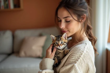 Jeune femme tenant un chaton tigré dans ses bras dans un salon chaleureux près de Toulon