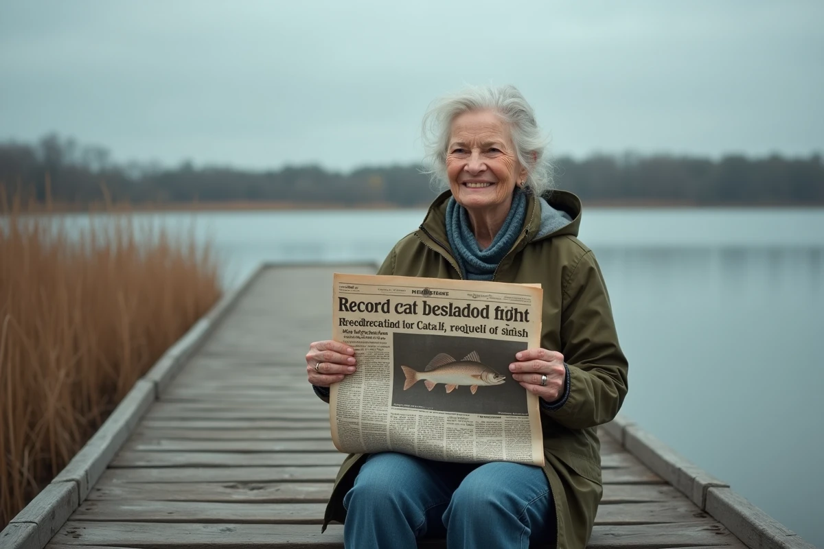 Femme âgée montrant un article de journal sur un record de silure