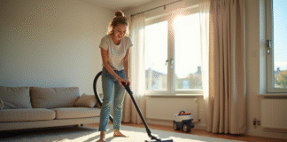 Femme heureuse aspirant un salon lumineux et propre