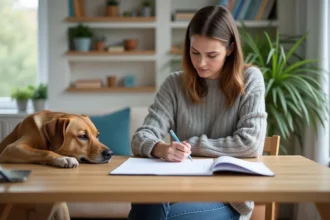 Femme remplissant un formulaire d'assurance pour son chien à la maison