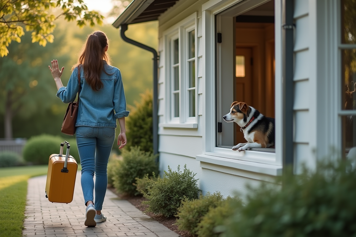 Jeune femme disant au revoir à son chien derrière la fenêtre