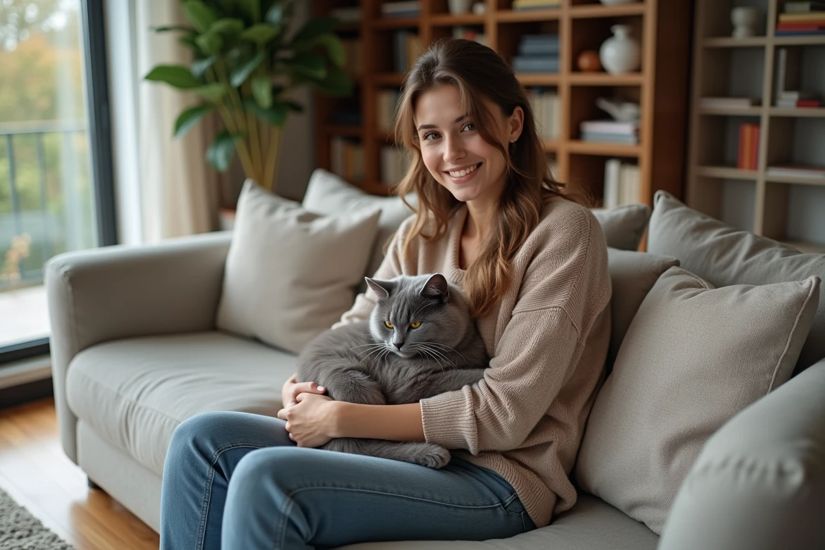 Jeune femme souriante avec chat angora gris dans un salon
