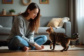 Jeune femme avec chat domestique dans un salon chaleureux