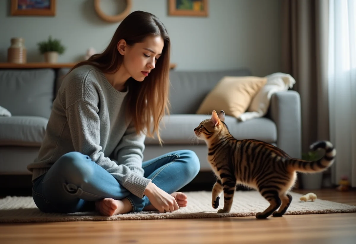 Jeune femme avec chat domestique dans un salon chaleureux