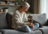 Femme assise sur un canapé avec son chat domestique