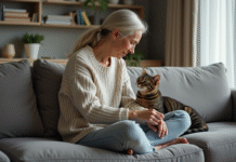 Femme assise sur un canapé avec son chat domestique