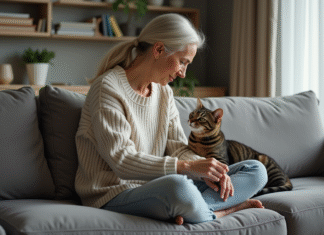 Comprendre les pensées de mon chat : dois-je m’inquiéter qu’il se sente abandonné ? Femme assise sur un canapé avec son chat domestique