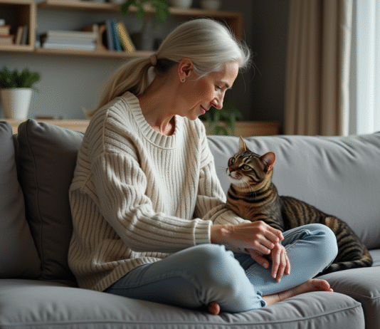 Comprendre les pensées de mon chat : dois-je m’inquiéter qu’il se sente abandonné ? Femme assise sur un canapé avec son chat domestique