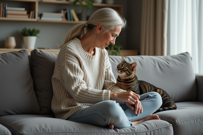 femme-avec-chat-domicile Femme assise sur un canapé avec son chat domestique