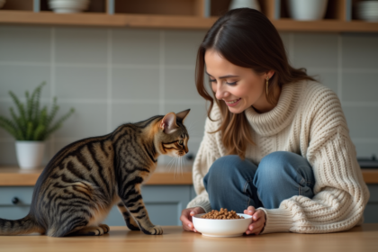 Jeune femme donne des croquettes à un chat dans la cuisine
