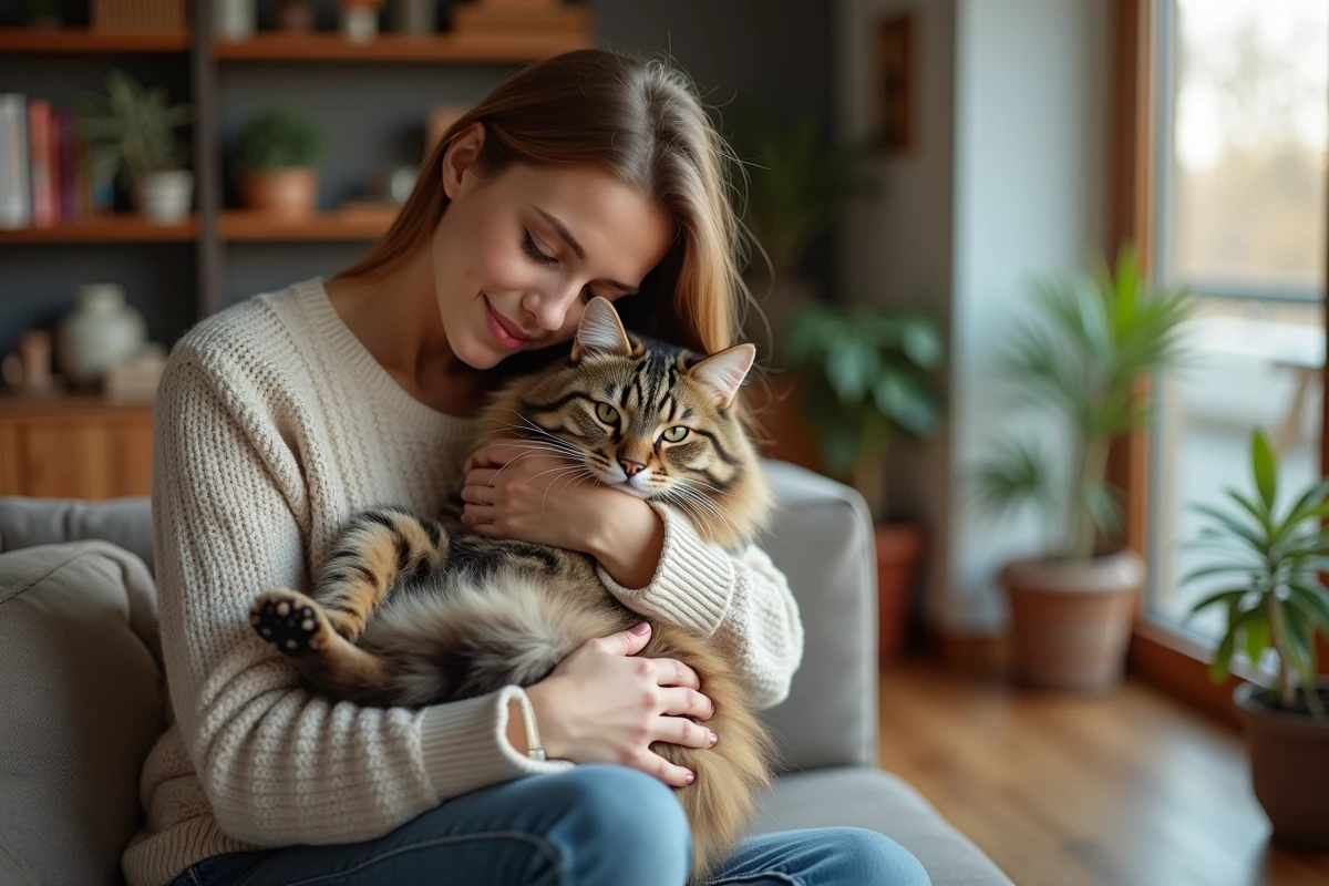 Jeune femme tenant un chat Maine coon dans un salon chaleureux