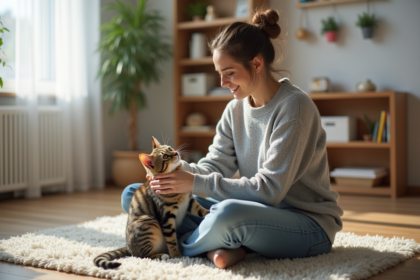 Jeune femme caressant un chat tabby dans un salon lumineux