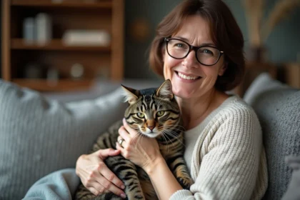 Femme avec chat tabby dans un salon chaleureux