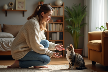 Jeune femme patiente avec un chat timide dans un intérieur chaleureux