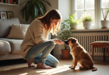 Nouveau propriétaire chien : impact et adaptation du chien au changement Jeune femme offrant une friandise à un chien rescue dans un salon chaleureux