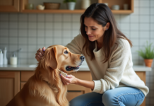 Chien : pourquoi éviter un bain trop fréquent ? Femme caressant son chien mouillé dans la salle de bain