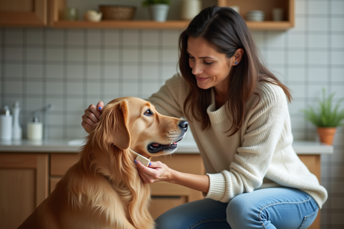 femme-bain-chien-golden-retriever Femme caressant son chien mouillé dans la salle de bain