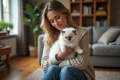 Femme tenant un chat Sacred Birman dans un salon chaleureux