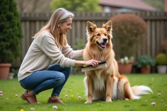 Femme en jeans brossant un grand chien dans un jardin